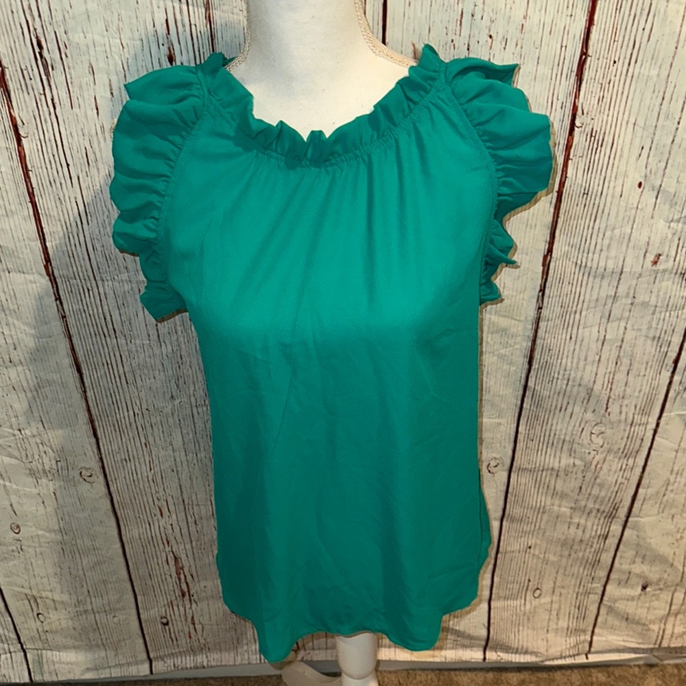 Blu Pepper Green Ruffled Blouse with Gathered Neckline